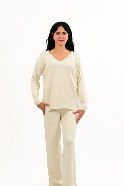 Knit V-Neck Sweater and Wide-Leg Pants Set