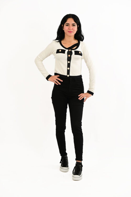 Black and White Knit Cardigan with Gold Buttons