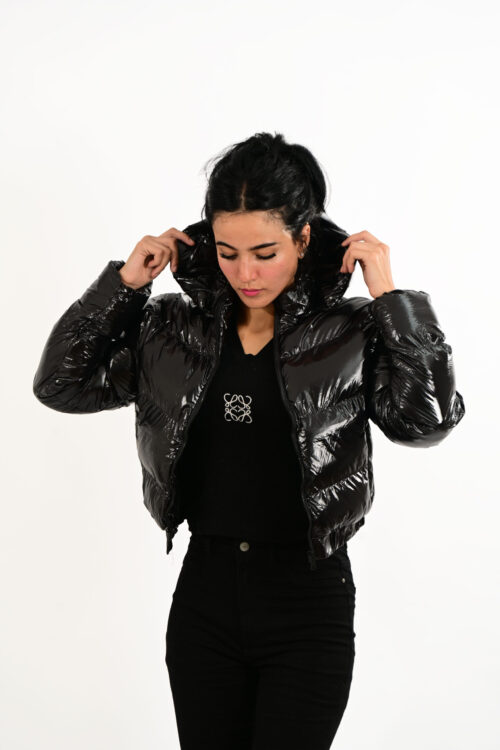 Glossy Black Puffer Jacket with Hood