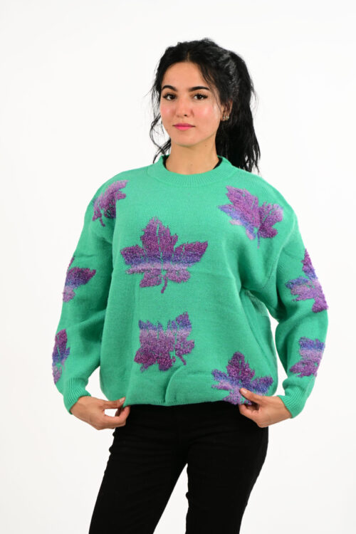 Vintage Sweater with Purple Leaf Print