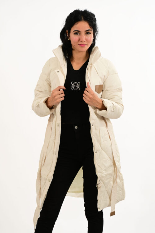 Light Beige Quilted Puffer Coat with Faux Fur Collar